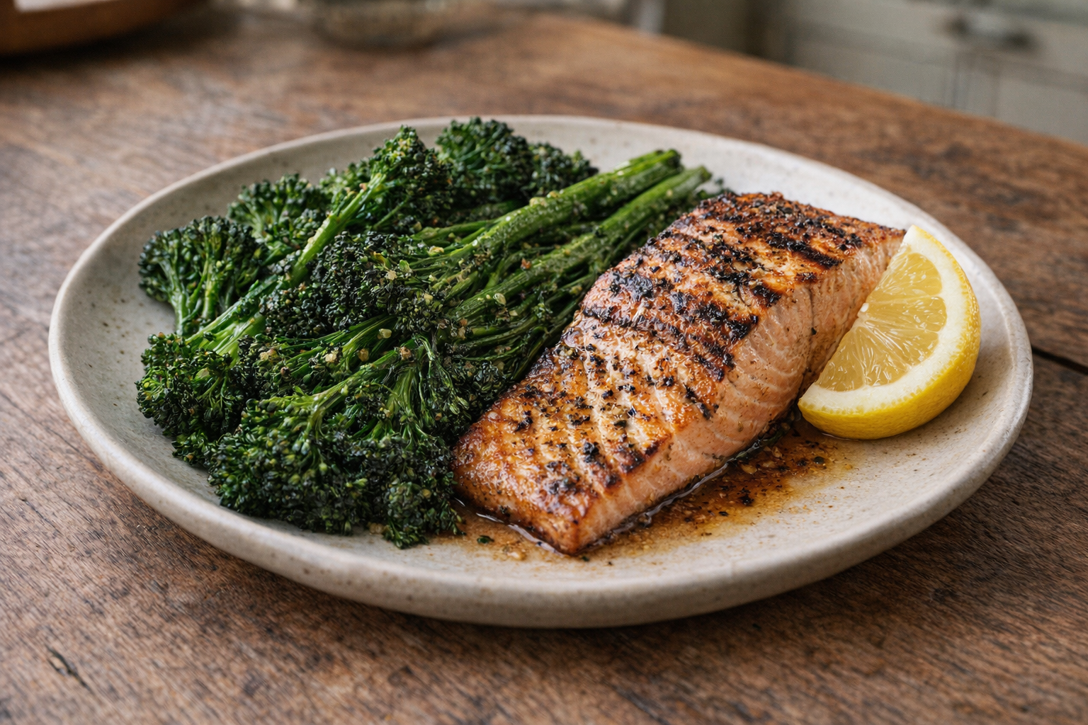 A beautifully plated dish of sauteed broccolini served alongside grilled salmon with a lemon wedge, on a rustic wooden table with natural lighting